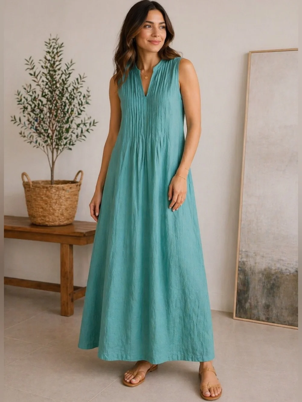 ✨J. Jill 100% Line Pintuck Sleeveless Teal Maxi Dress Size M - Picture 1 of 11